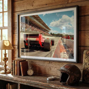Formula One race car artwork displayed on a track scene within a rustic interior.