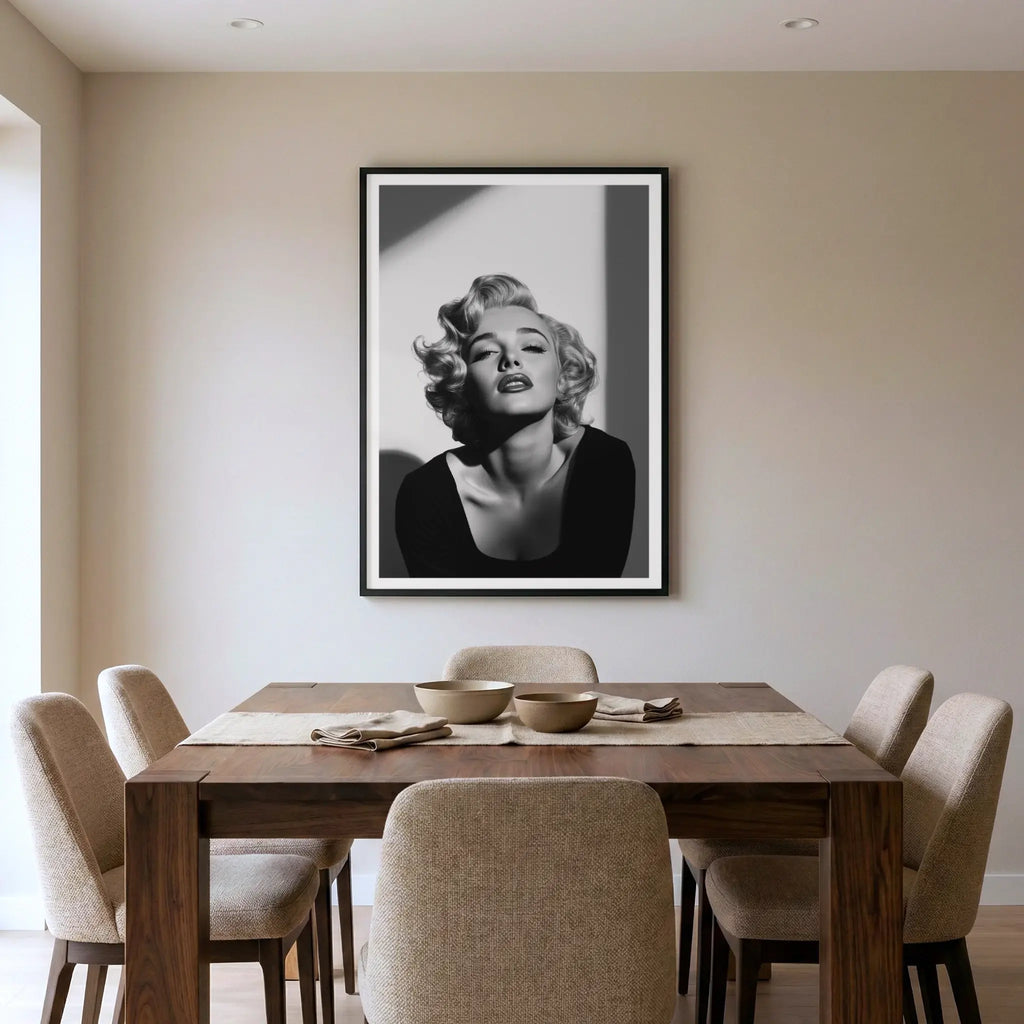 Framed black and white art print of Marilyn Monroe, titled Blonde Bombshell displayed in dining room