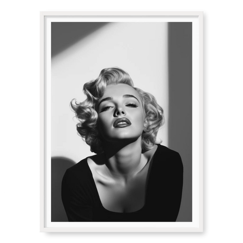 Close-up of Marilyn Monroe with short curly hair and dark lipstick looking up into light, black and white art print titled Blonde Bombshell in white frame