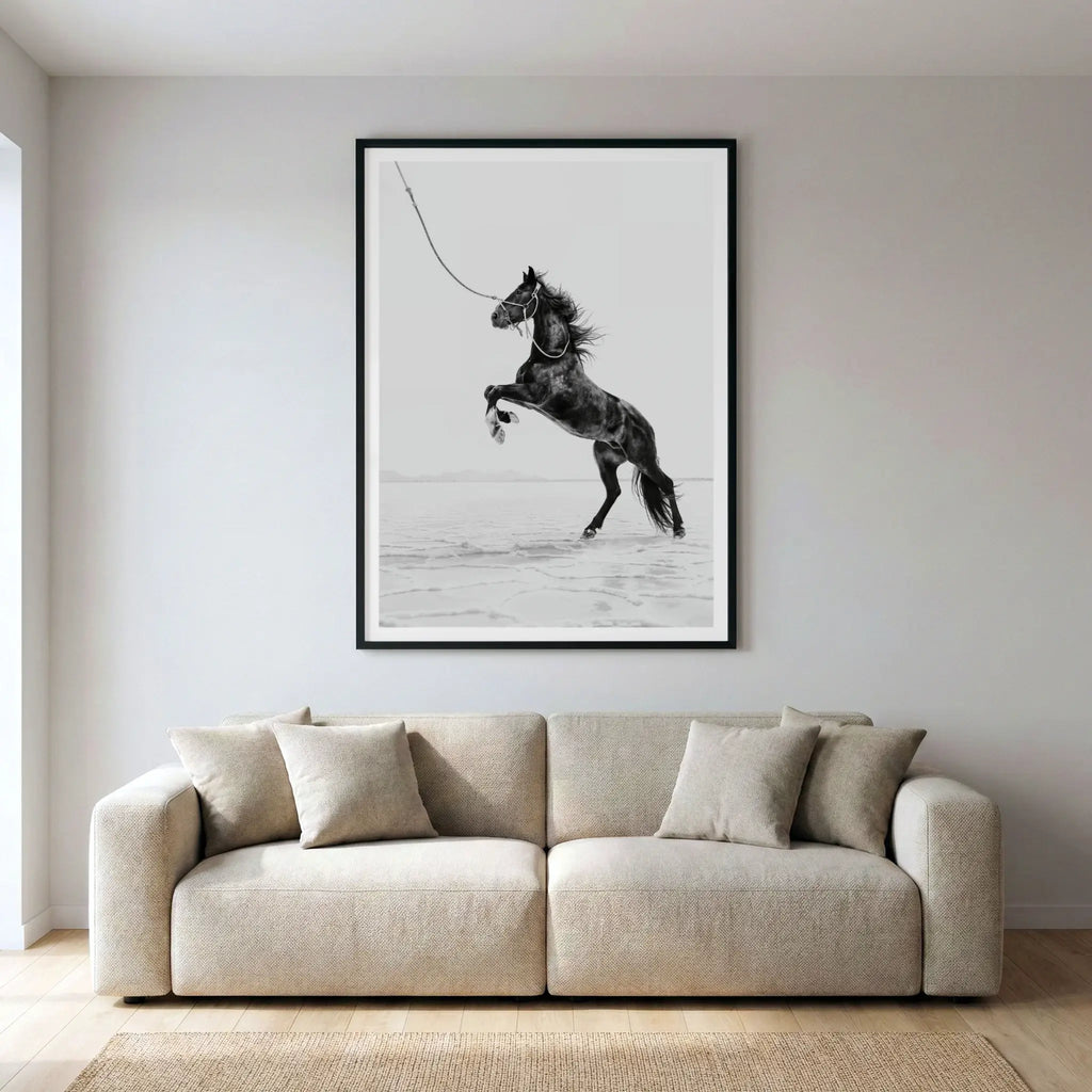 Framed black and white art print with dark horse rearing on salt flats, titled Born Wild displayed in living room