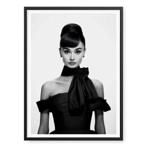 Portrait of Audrey Hepburn with high bun and black bow dress, black and white art print titled Breakfast at Tiffany's in black frame