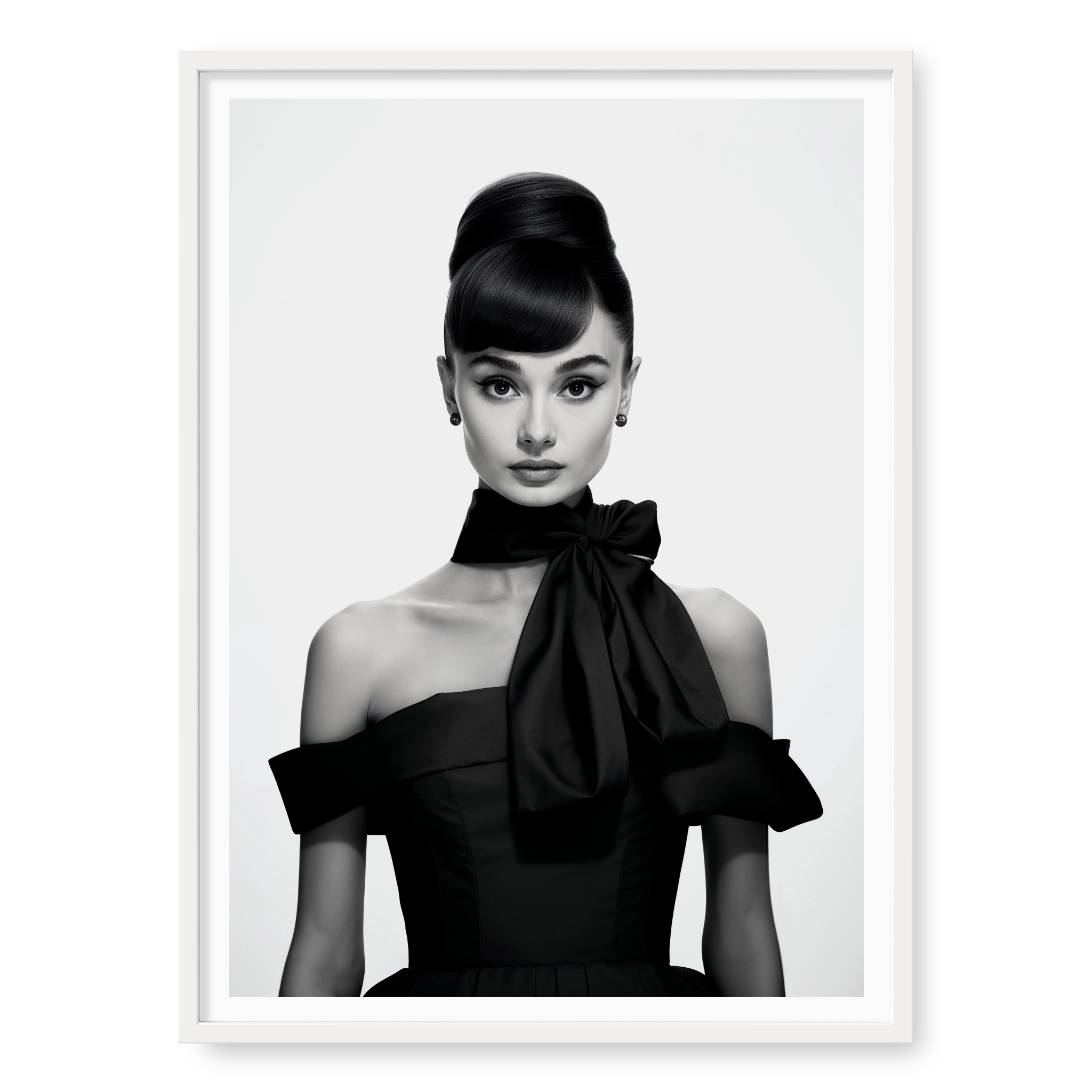 Portrait of Audrey Hepburn with high bun and black bow dress, black and white art print titled Breakfast at Tiffany's in white frame