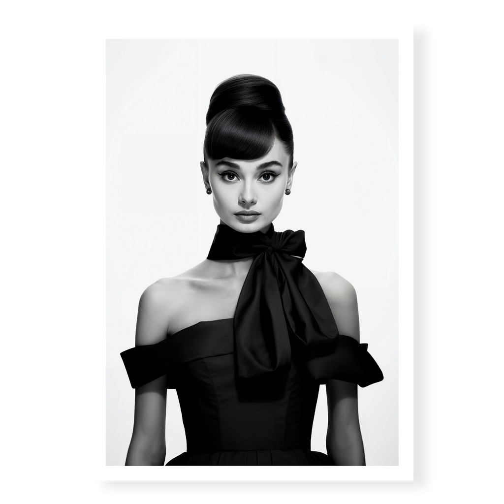 Portrait of Audrey Hepburn with high bun and black bow dress, black and white art print titled Breakfast at Tiffany's