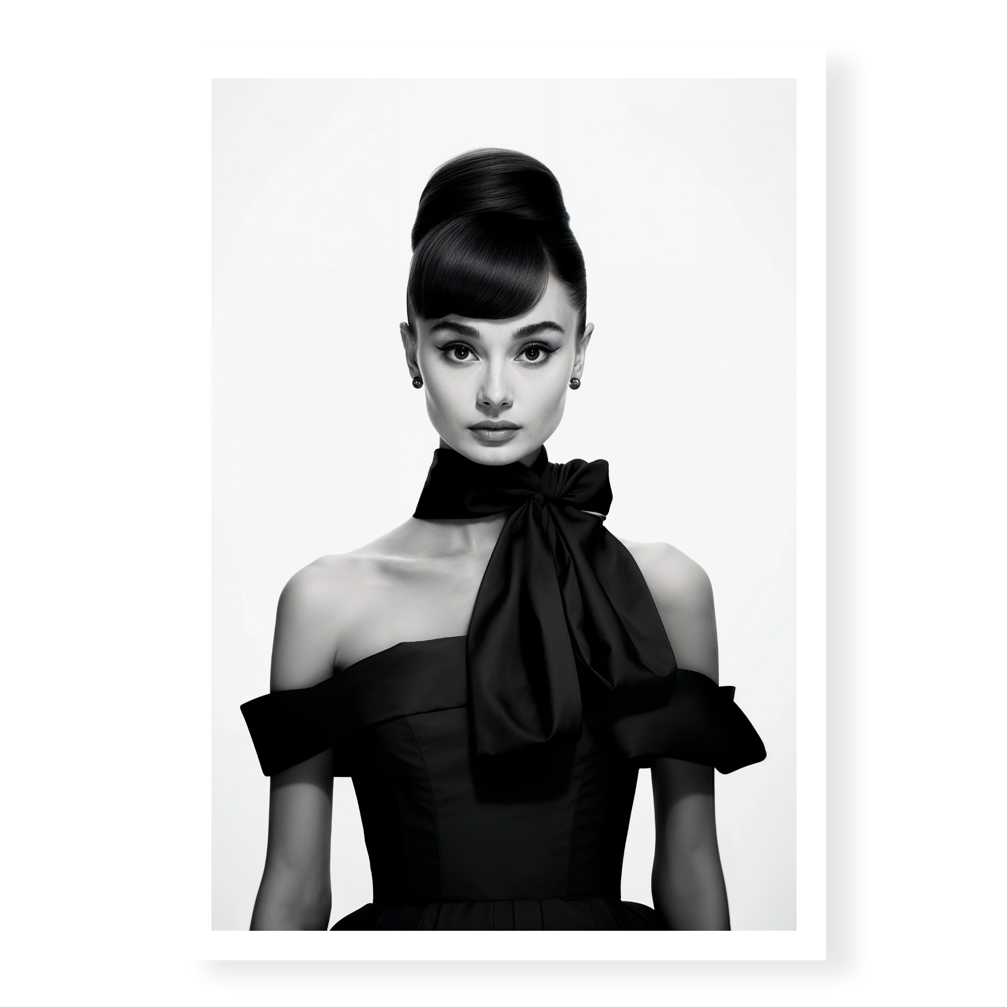 Portrait of Audrey Hepburn with high bun and black bow dress, black and white art print titled Breakfast at Tiffany's