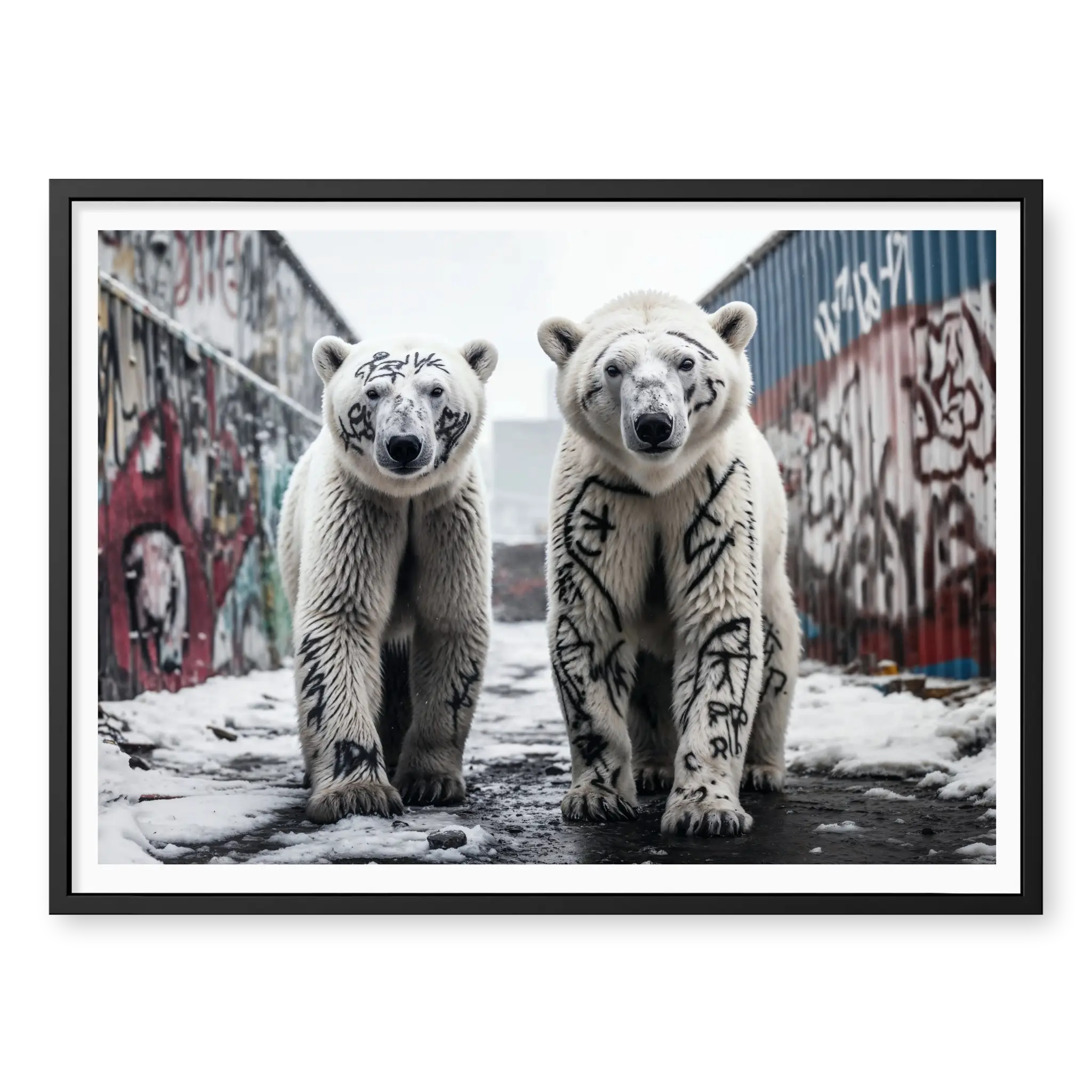 Two polar bears with black graffiti markings on their fur walking in a snowy alley, art print titled Brothers in black frame