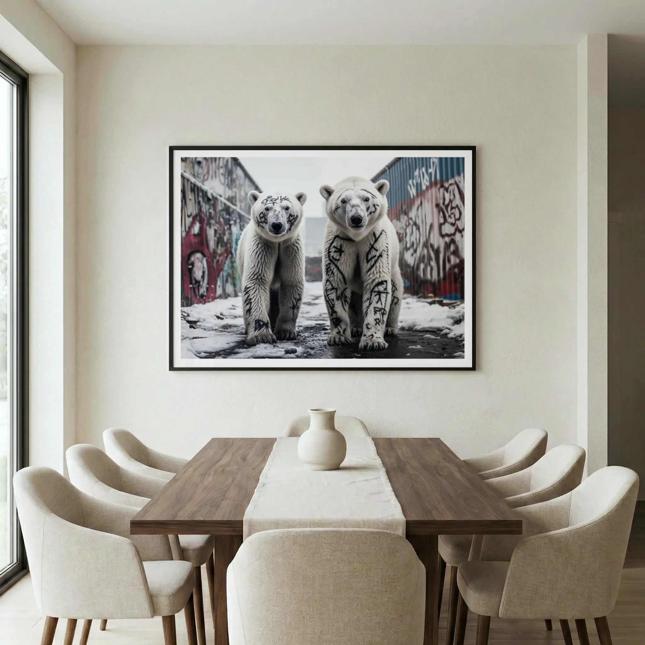 Framed art print with two graffiti-covered polar bears, titled Brothers displayed in dining room