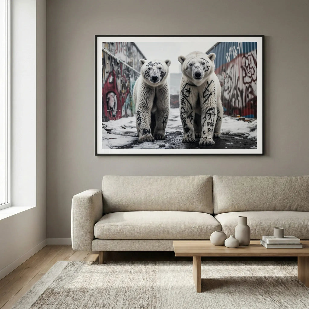 Framed art print with two graffiti-covered polar bears, titled Brothers displayed in living room