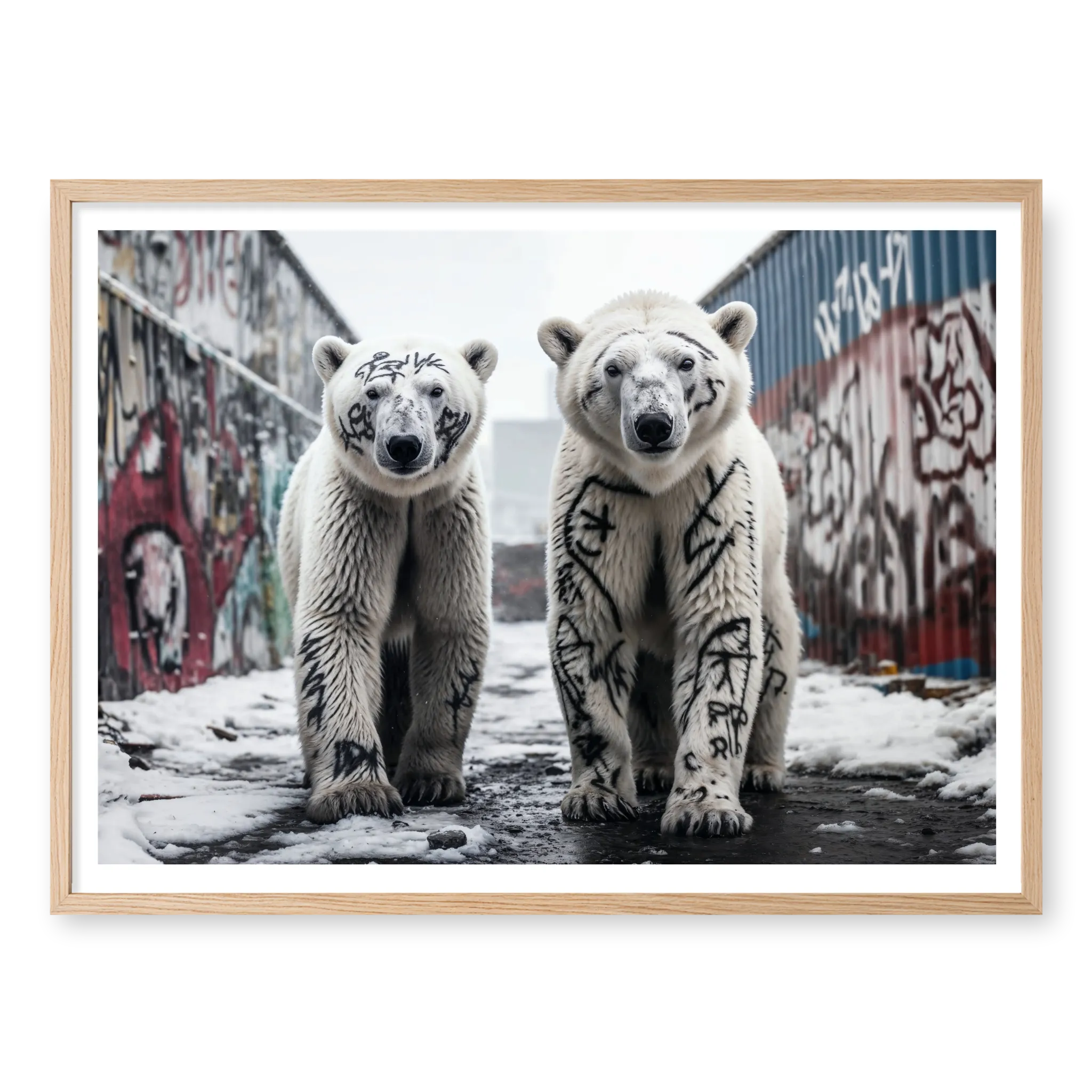 Two polar bears with black graffiti markings on their fur walking in a snowy alley, art print titled Brothers in natural oak frame