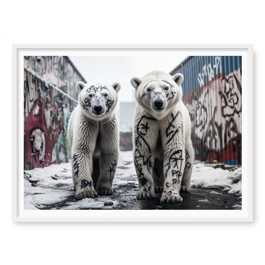 Two polar bears with black graffiti markings on their fur walking in a snowy alley, art print titled Brothers in white frame