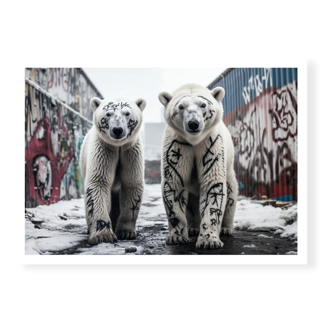 Two polar bears with black graffiti markings on their fur walking in a snowy alley, art print titled Brothers