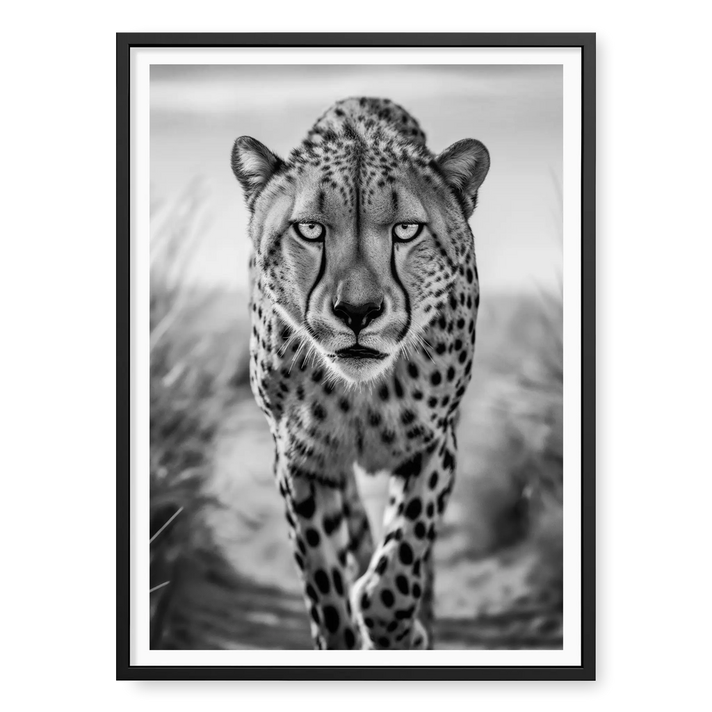Cheetah walking directly towards camera with intense gaze, black and white art print titled Celeritas in black frame