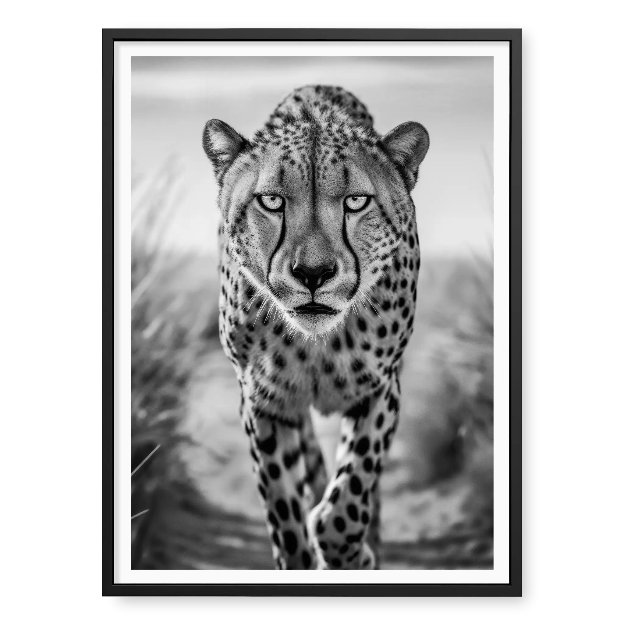 Cheetah walking directly towards camera with intense gaze, black and white art print titled Celeritas in black frame