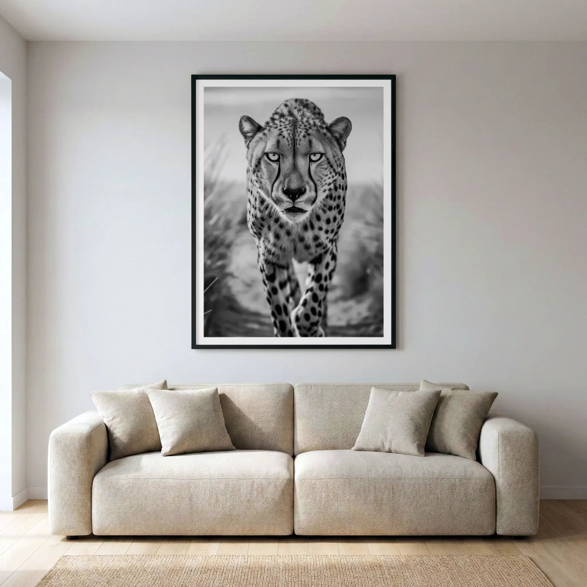 Framed black and white art print with cheetah walking forward, titled Celeritas displayed in living room