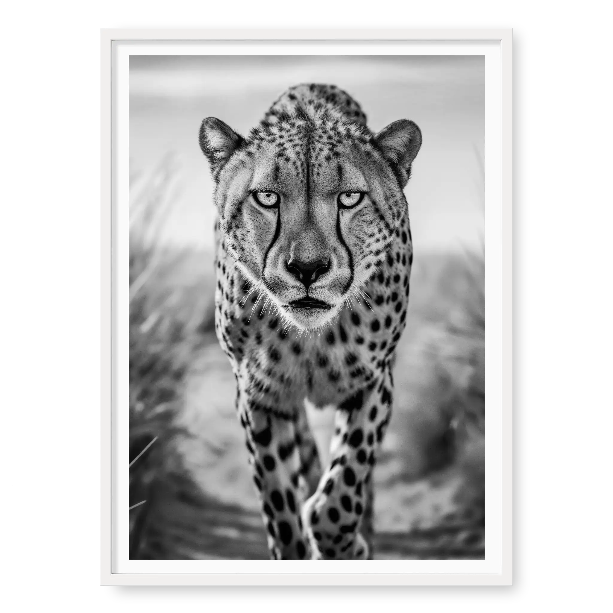 Cheetah walking directly towards camera with intense gaze, black and white art print titled Celeritas in white frame