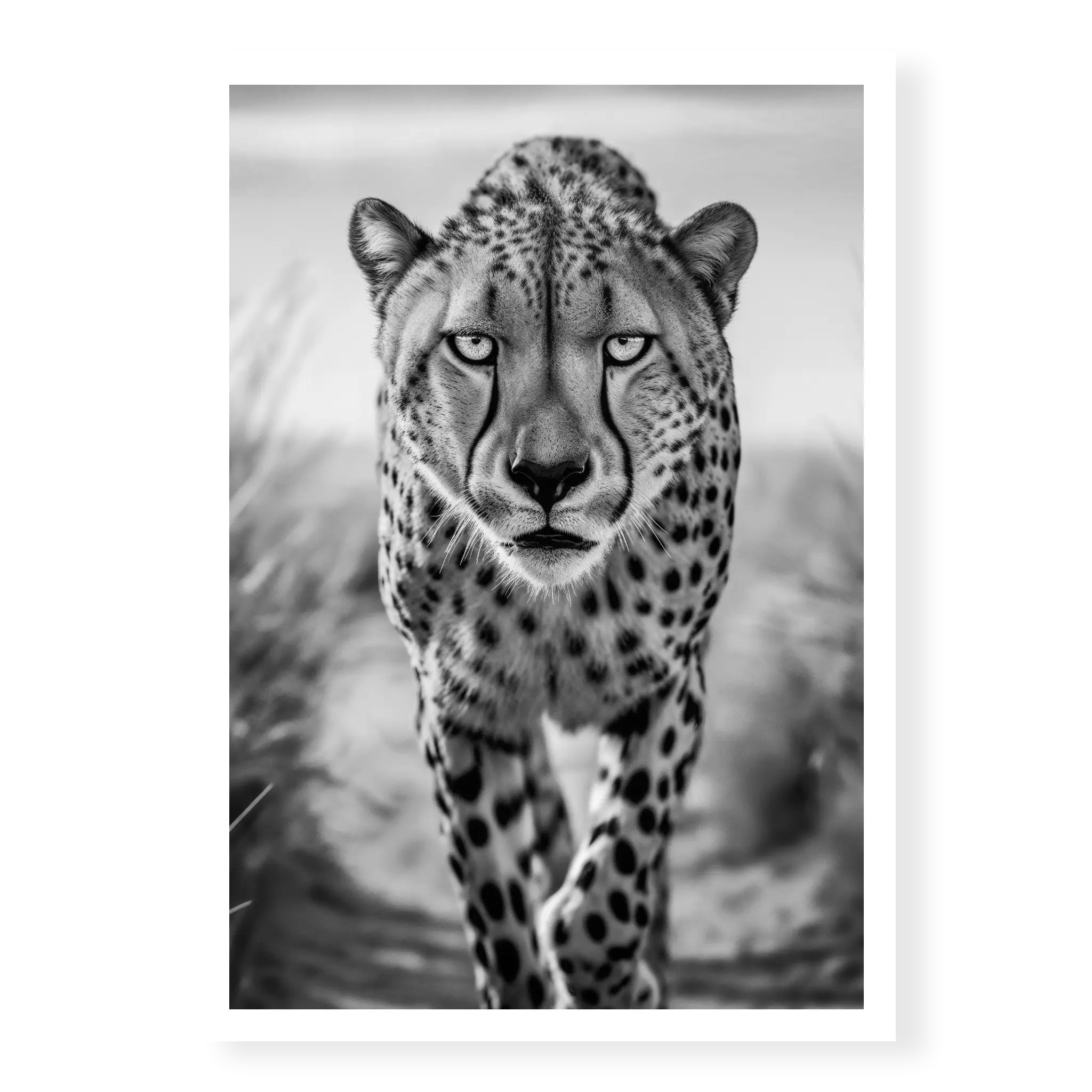 Cheetah walking directly towards camera with intense gaze, black and white art print titled Celeritas