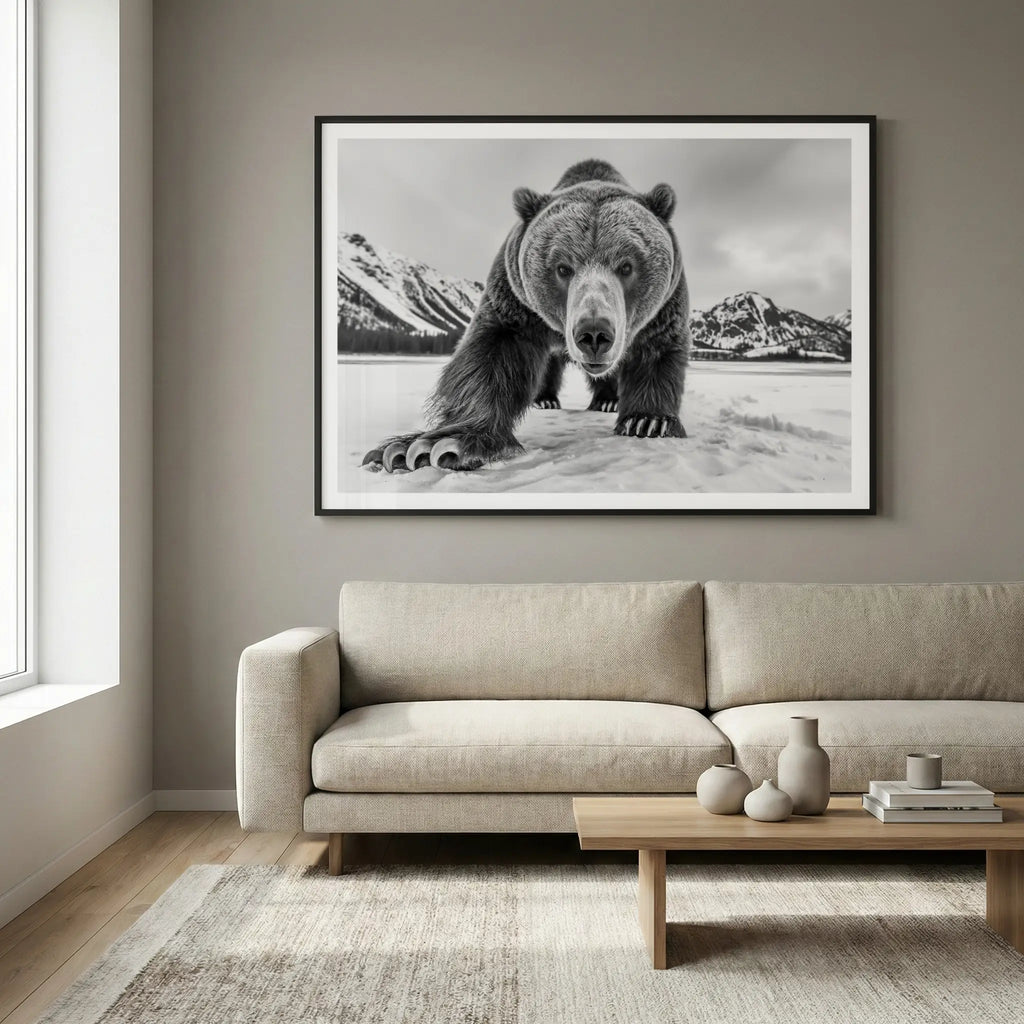 Framed black and white art print with grizzly bear approaching on snow, titled Curiosity displayed in living room
