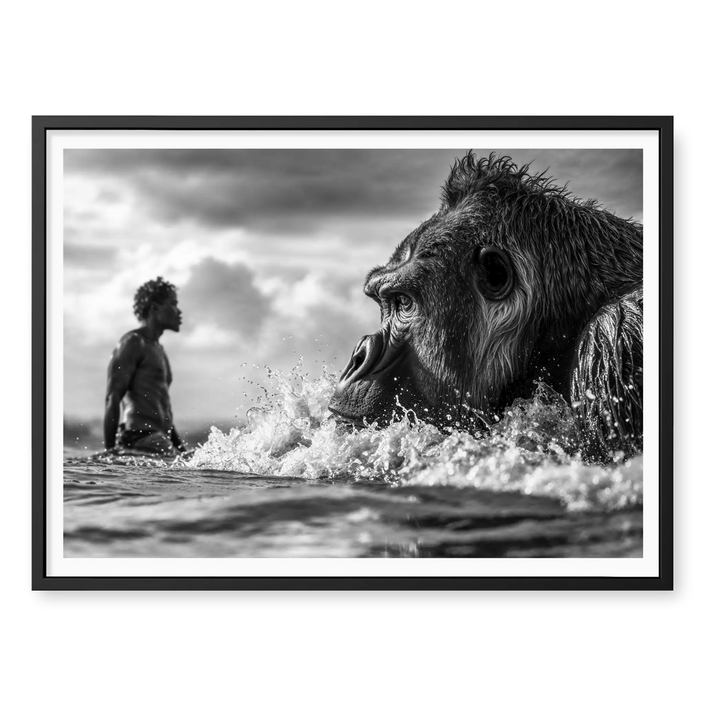 Close-up of gorilla swimming in ocean waves with silhouette of man in background, black and white art print titled Ecocide in black frame