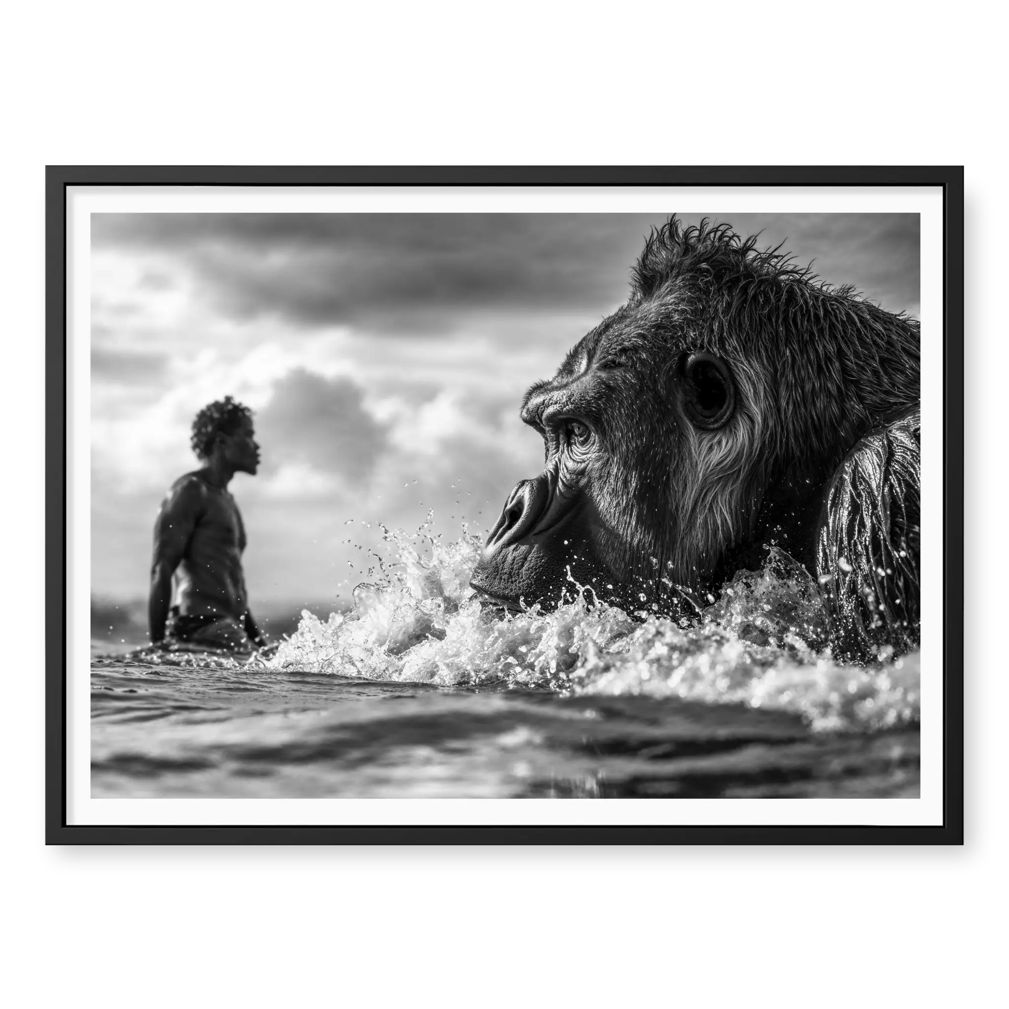 Close-up of gorilla swimming in ocean waves with silhouette of man in background, black and white art print titled Ecocide in black frame