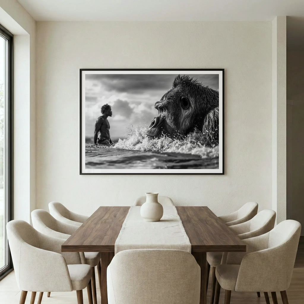 Close-up of gorilla swimming in ocean waves with silhouette of man in background, black and white art print titled Ecocide displayed in dining room