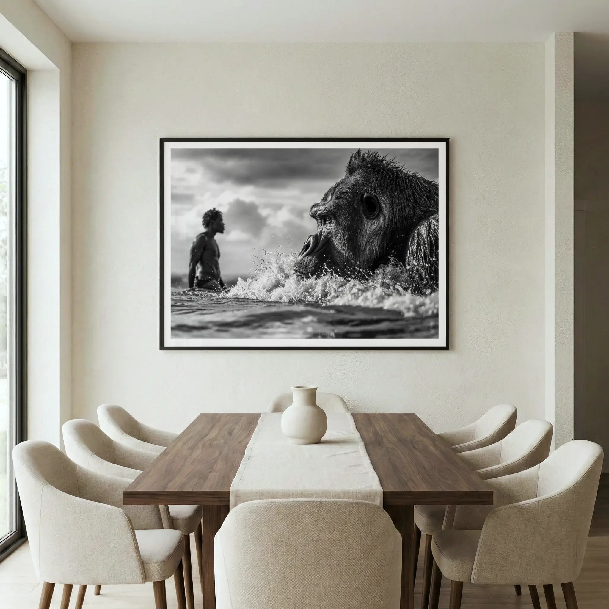 Close-up of gorilla swimming in ocean waves with silhouette of man in background, black and white art print titled Ecocide displayed in dining room