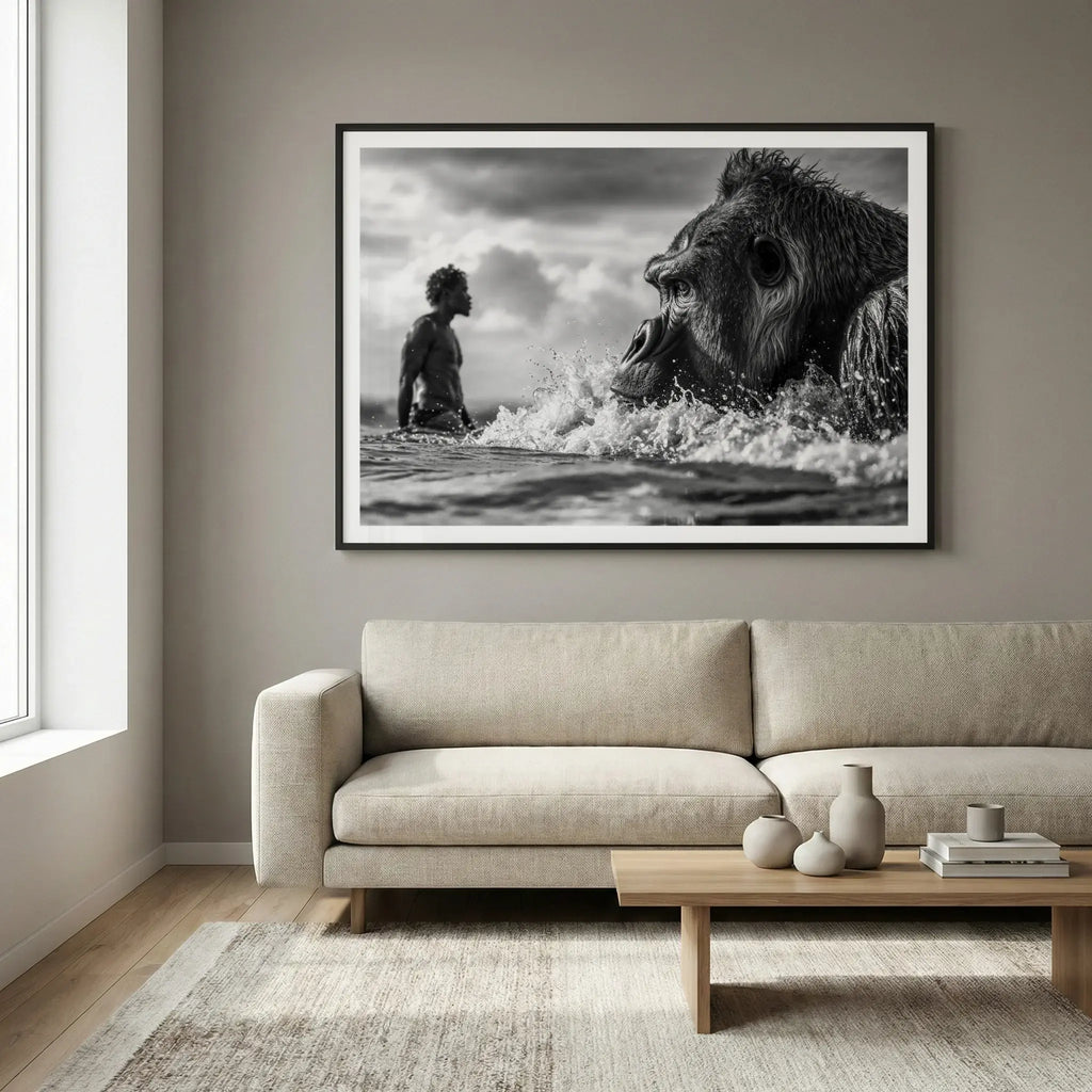 Close-up of gorilla swimming in ocean waves with silhouette of man in background, black and white art print titled Ecocide displayed in living room
