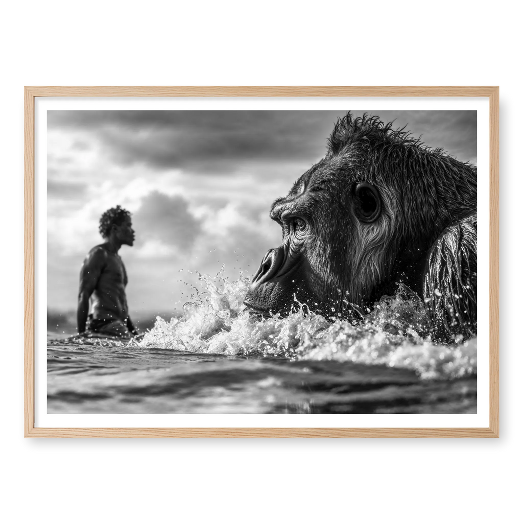 Close-up of gorilla swimming in ocean waves with silhouette of man in background, black and white art print titled Ecocide in natural oak frame