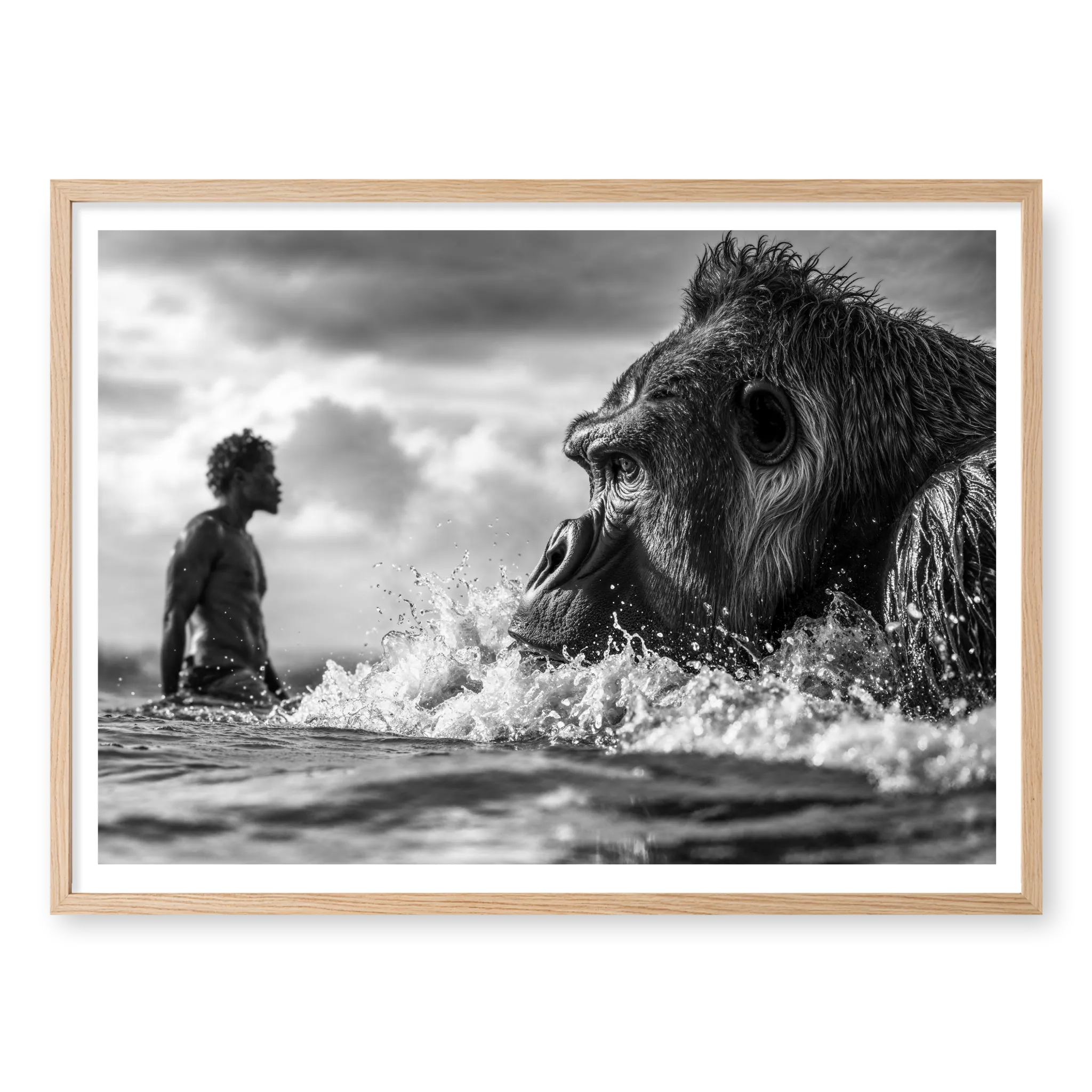 Close-up of gorilla swimming in ocean waves with silhouette of man in background, black and white art print titled Ecocide in natural oak frame