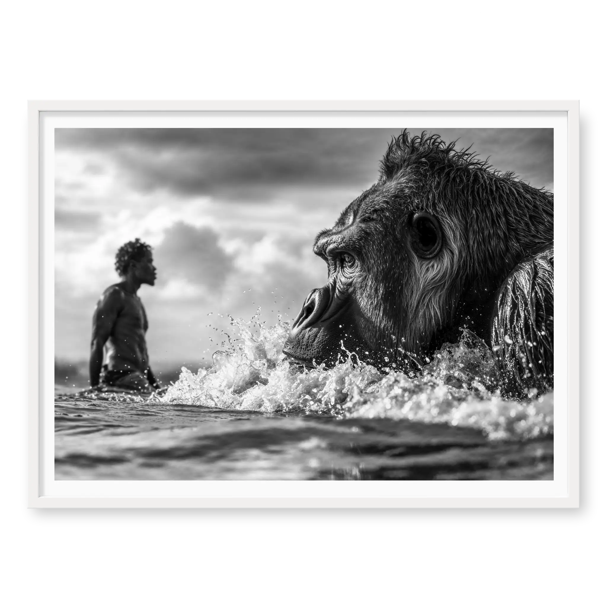 Close-up of gorilla swimming in ocean waves with silhouette of man in background, black and white art print titled Ecocide in white frame