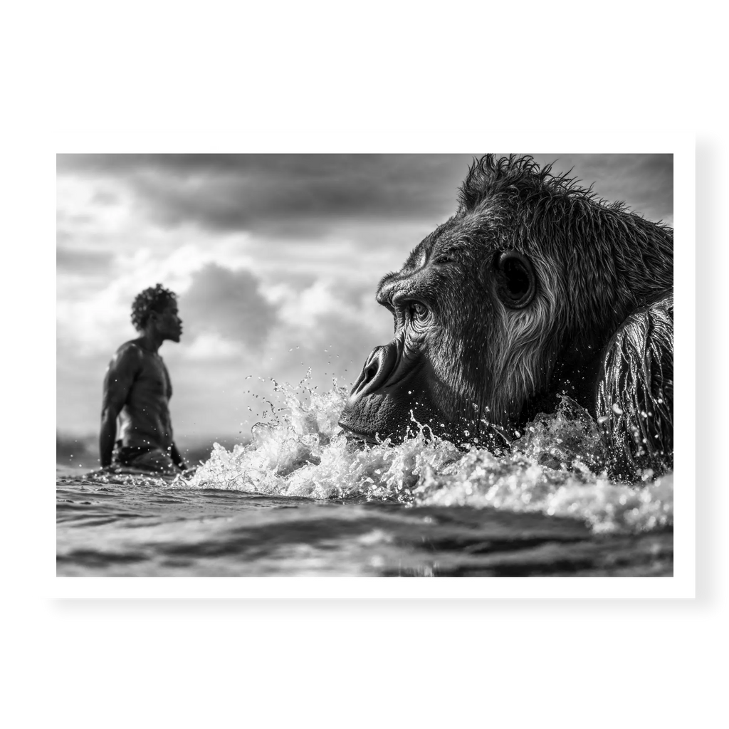 Close-up of gorilla swimming in ocean waves with silhouette of man in background, black and white art print titled Ecocide