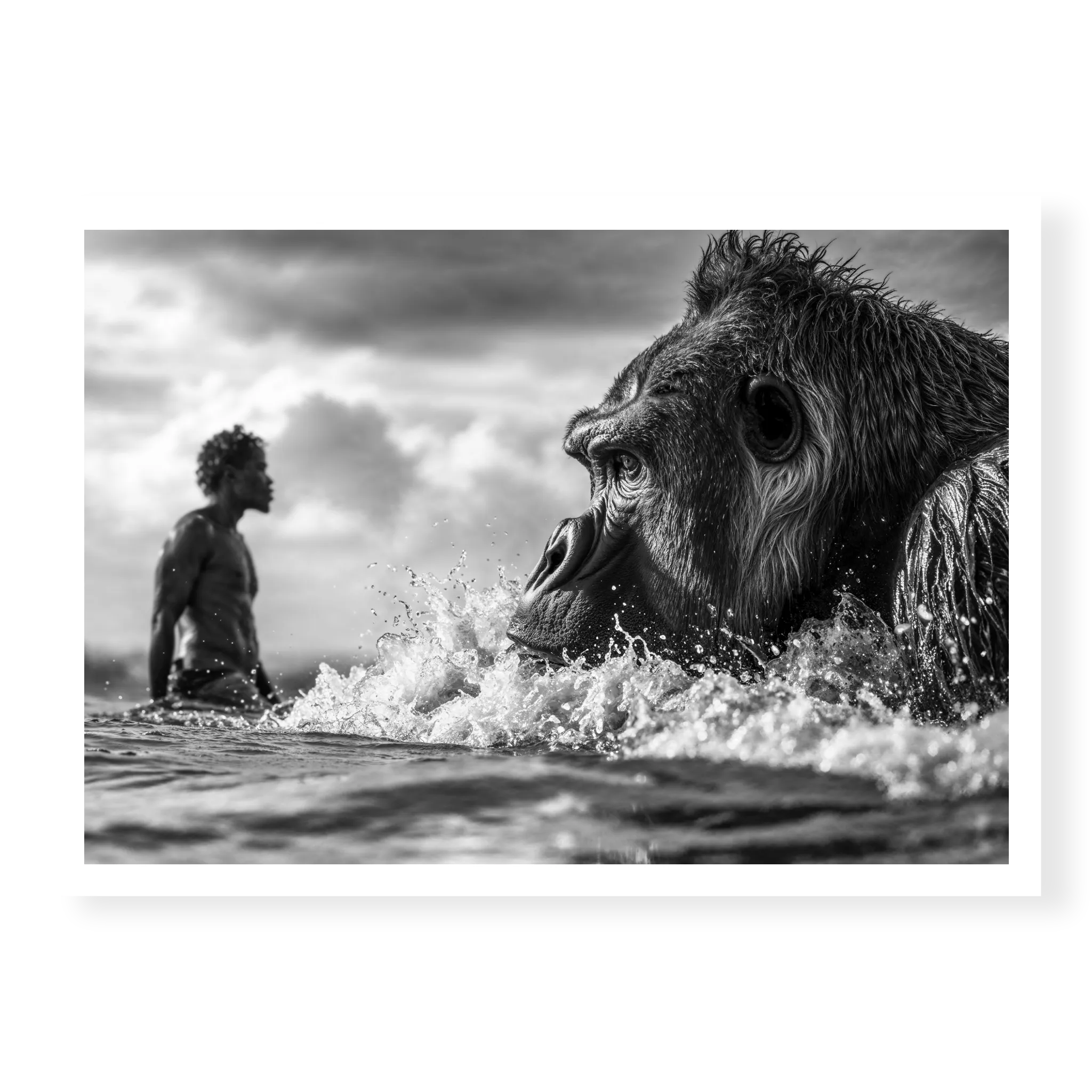 Close-up of gorilla swimming in ocean waves with silhouette of man in background, black and white art print titled Ecocide