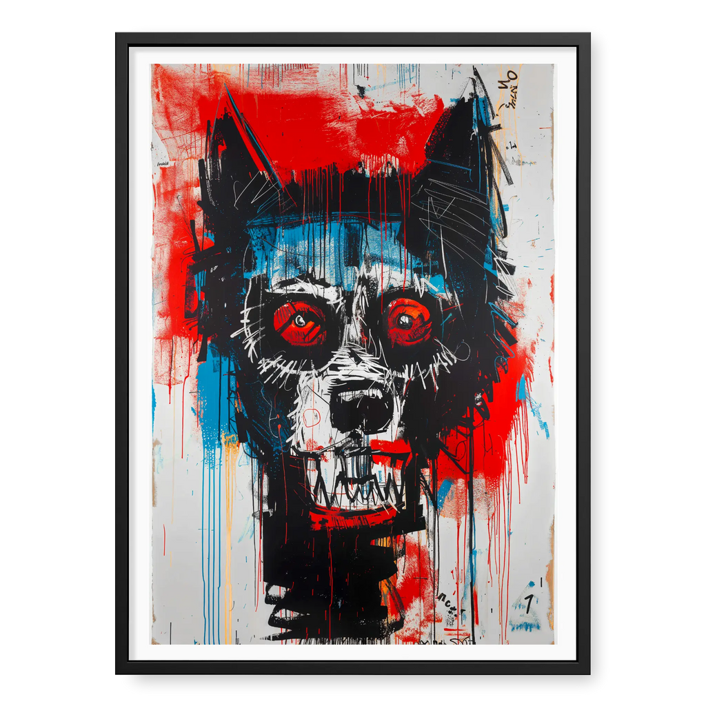 Abstract wolf head with wide red eyes and bared teeth in neo expressionism style, art print titled Fenrir in black frame