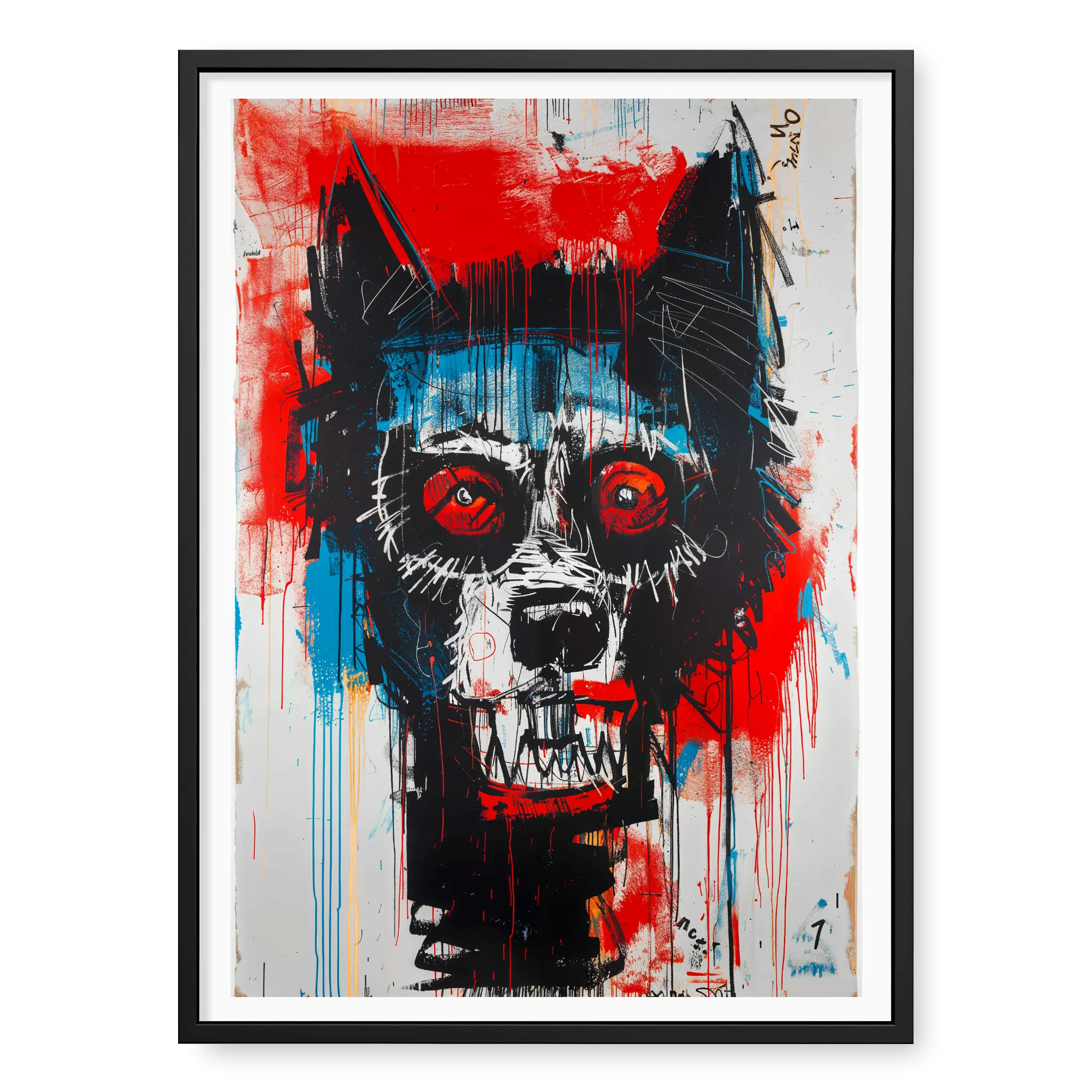 Abstract wolf head with wide red eyes and bared teeth in neo expressionism style, art print titled Fenrir in black frame