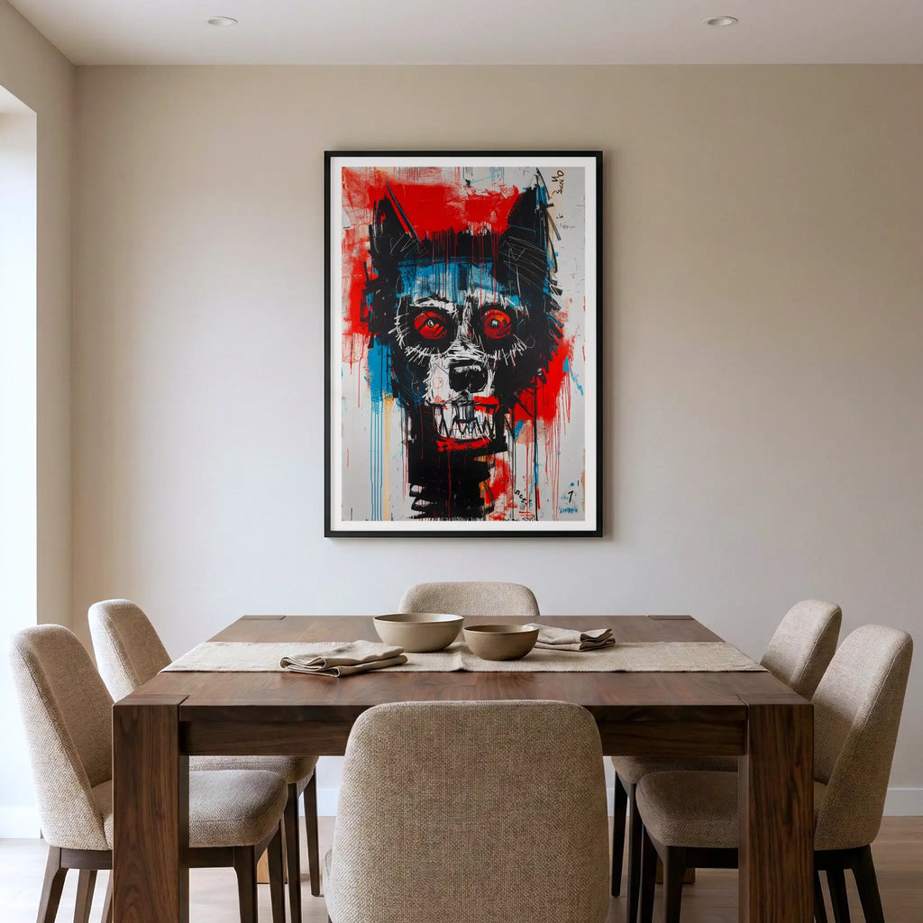 Framed abstract art print with colourful neo expressionism wolf head, titled Fenrir displayed in dining room