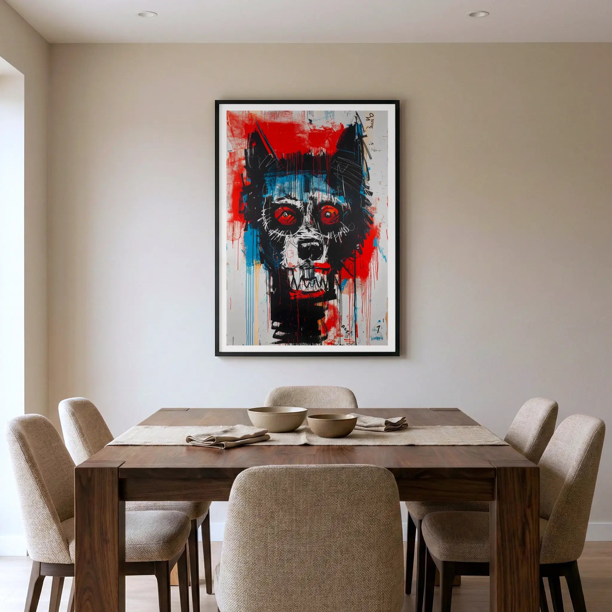 Framed abstract art print with colourful neo expressionism wolf head, titled Fenrir displayed in dining room