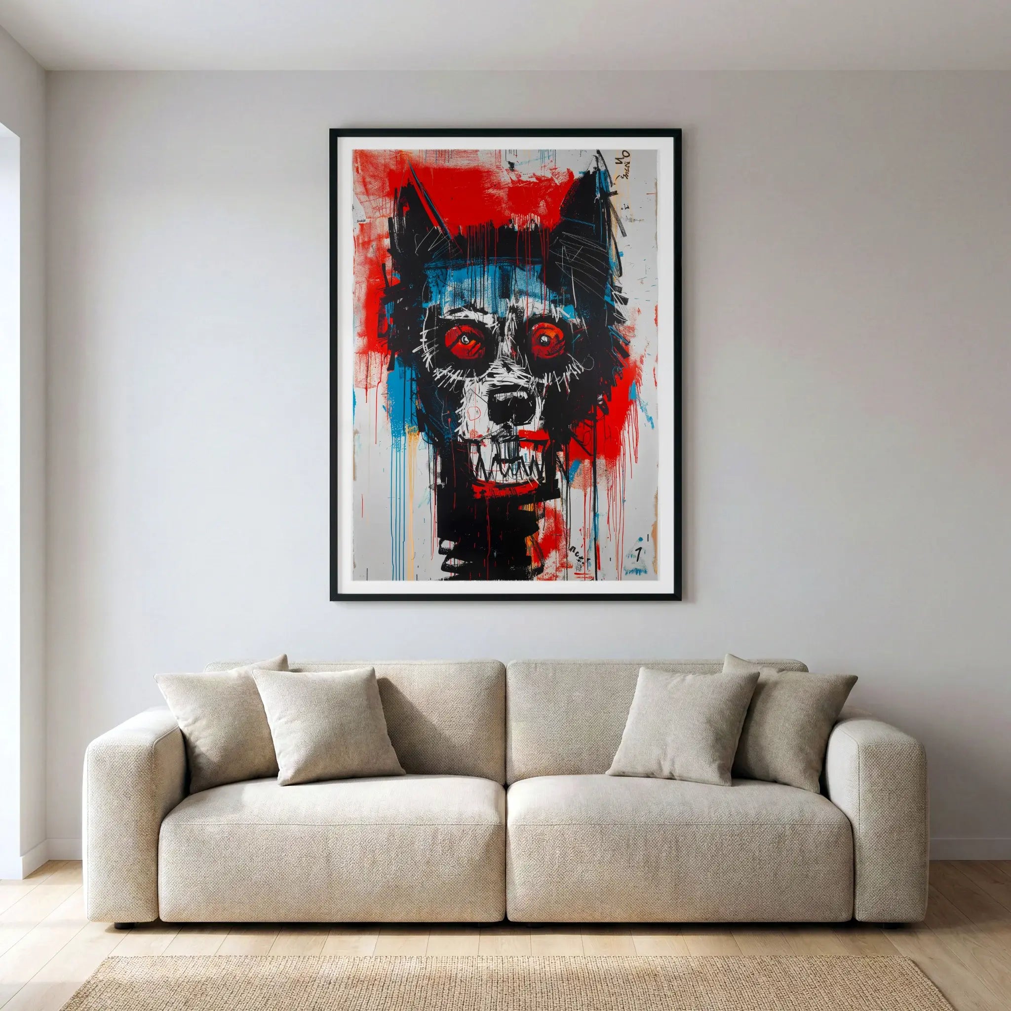 Framed abstract art print with colourful neo expressionism wolf head, titled Fenrir displayed in living room
