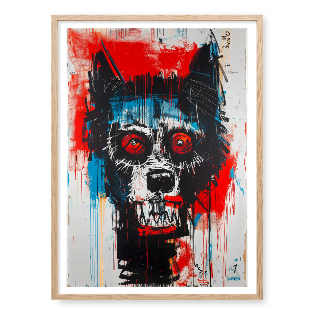 Abstract wolf head with wide red eyes and bared teeth in neo expressionism style, art print titled Fenrir in natural oak frame