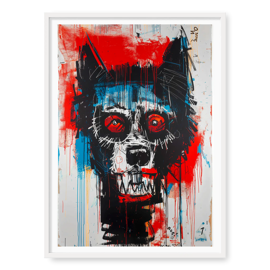 Abstract wolf head with wide red eyes and bared teeth in neo expressionism style, art print titled Fenrir in white frame