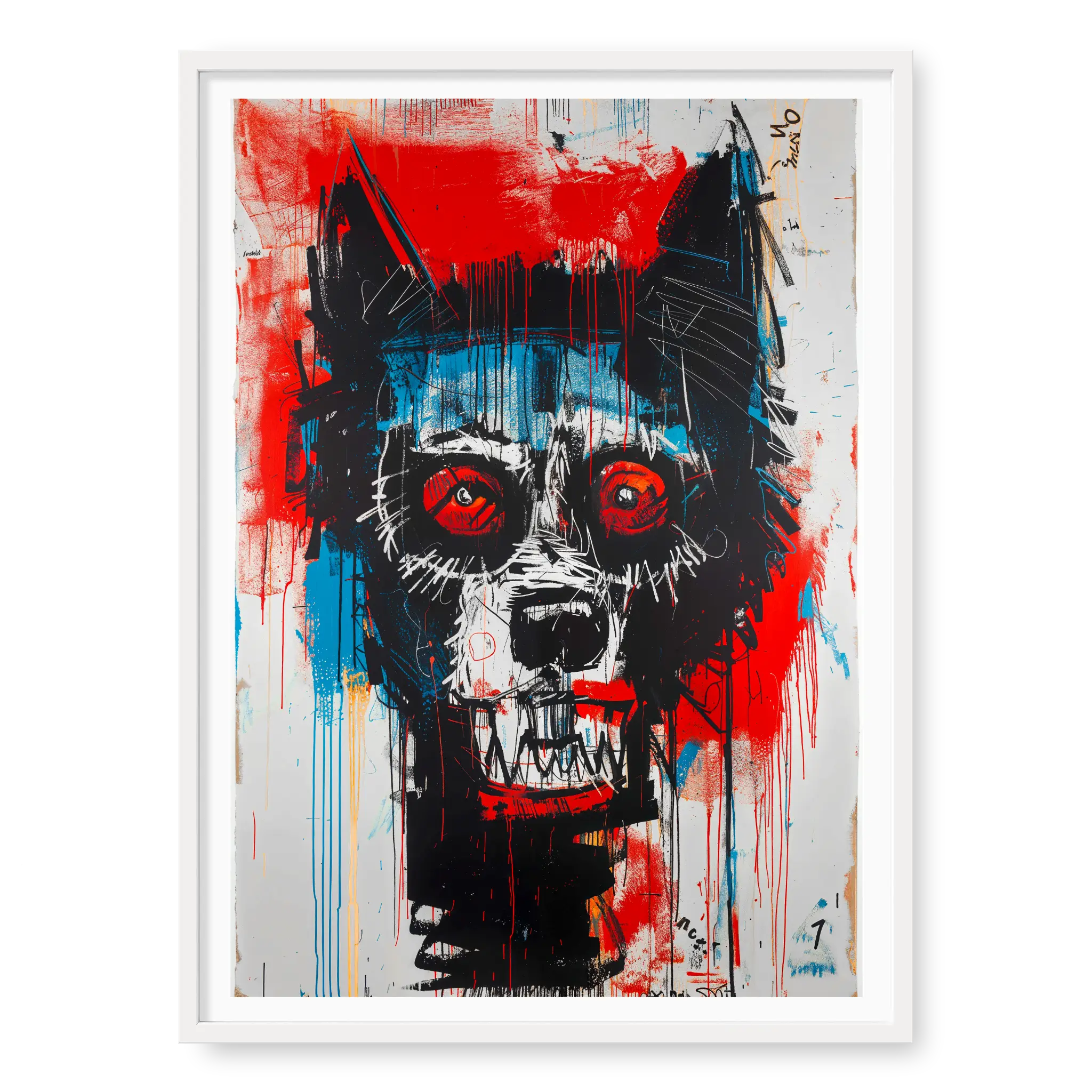 Abstract wolf head with wide red eyes and bared teeth in neo expressionism style, art print titled Fenrir in white frame