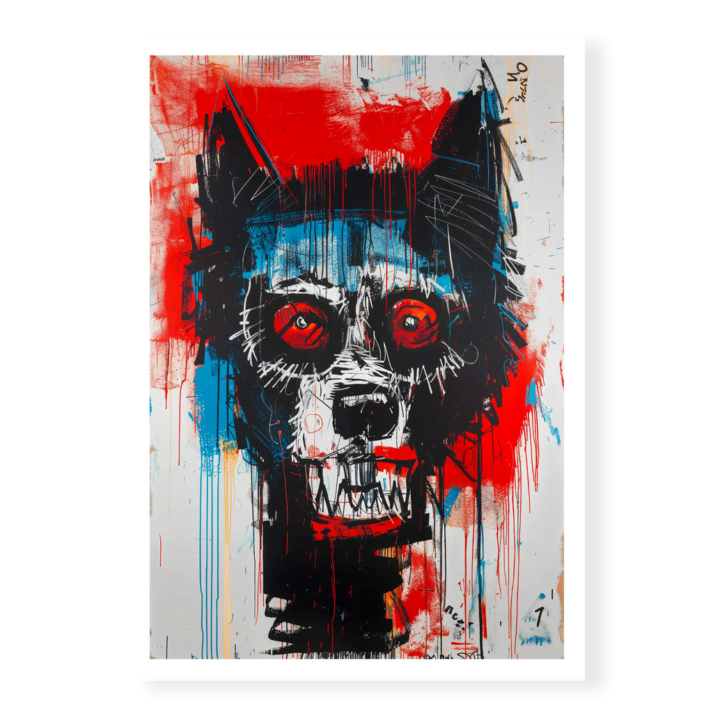 Abstract wolf head with wide red eyes and bared teeth in neo expressionism style, art print titled Fenrir