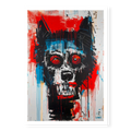 Abstract wolf head with wide red eyes and bared teeth in neo expressionism style, art print titled Fenrir