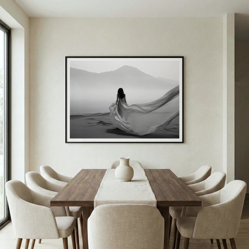Framed black and white art print with woman in flowing dress walking in desert, titled Freedom displayed in dining room