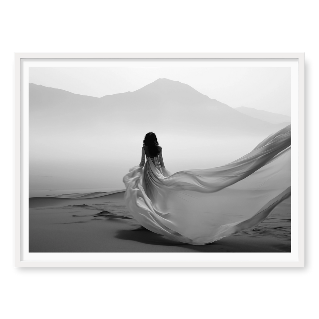 Rear view of woman in a long flowing dress walking across sand dunes towards misty mountains, black and white art print titled Freedom in white frame