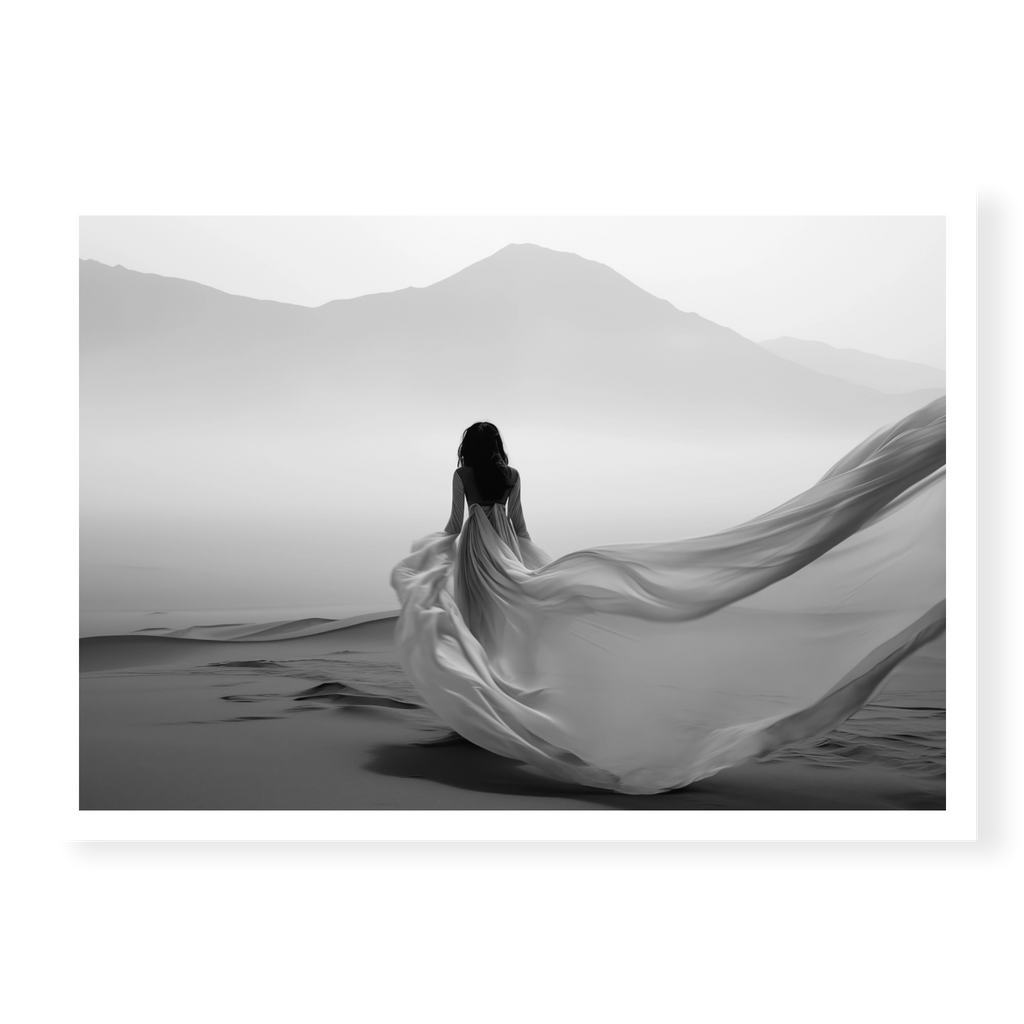 Rear view of woman in a long flowing dress walking across sand dunes towards misty mountains, black and white art print titled Freedom