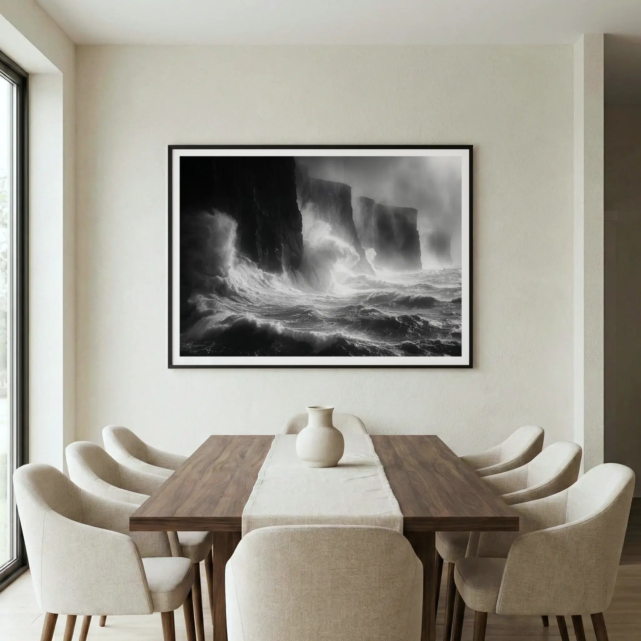 Framed black and white art print with stormy waves crashing on cliffs, titled Gates of Hell displayed in dining room