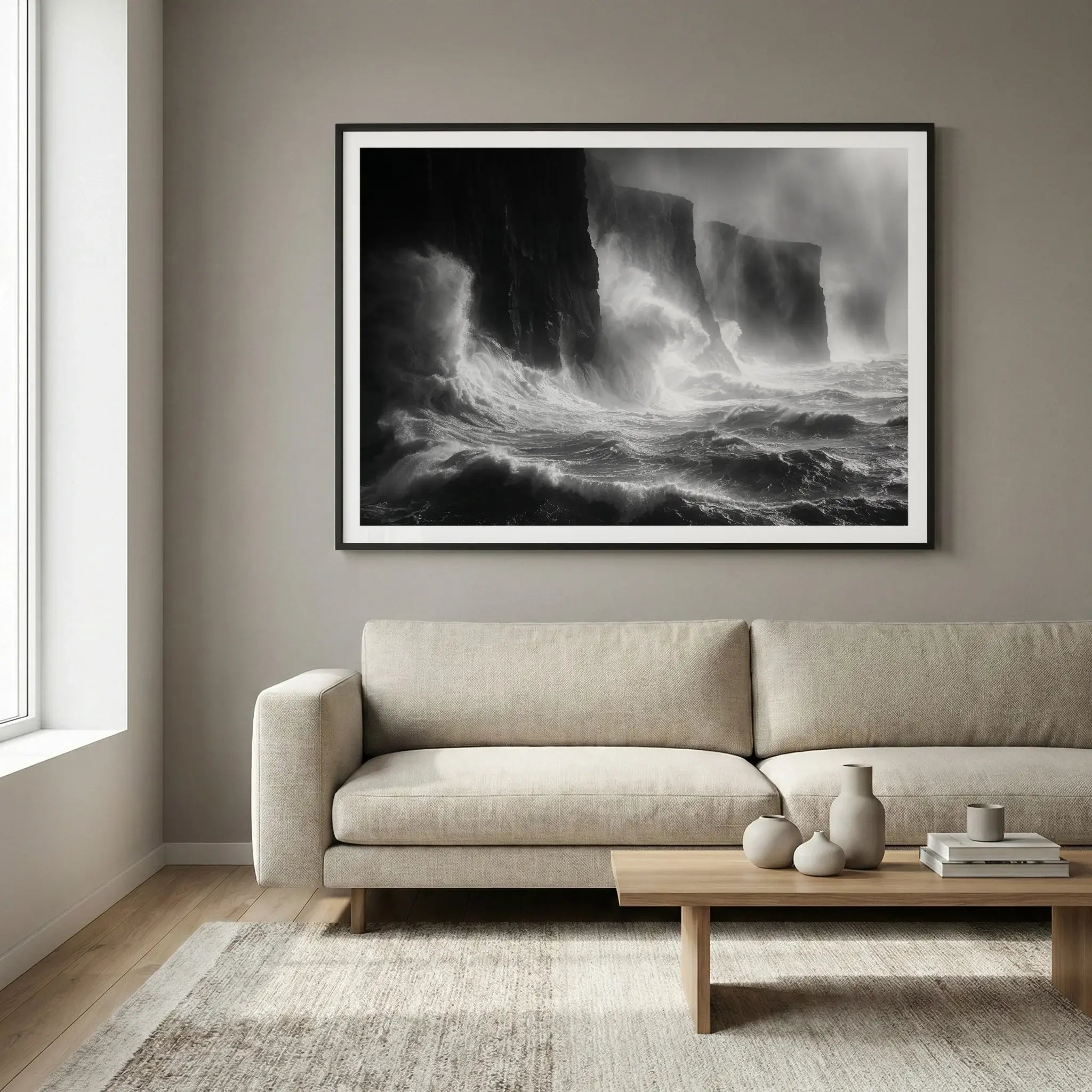Framed black and white art print with stormy waves crashing on cliffs, titled Gates of Hell displayed in living room