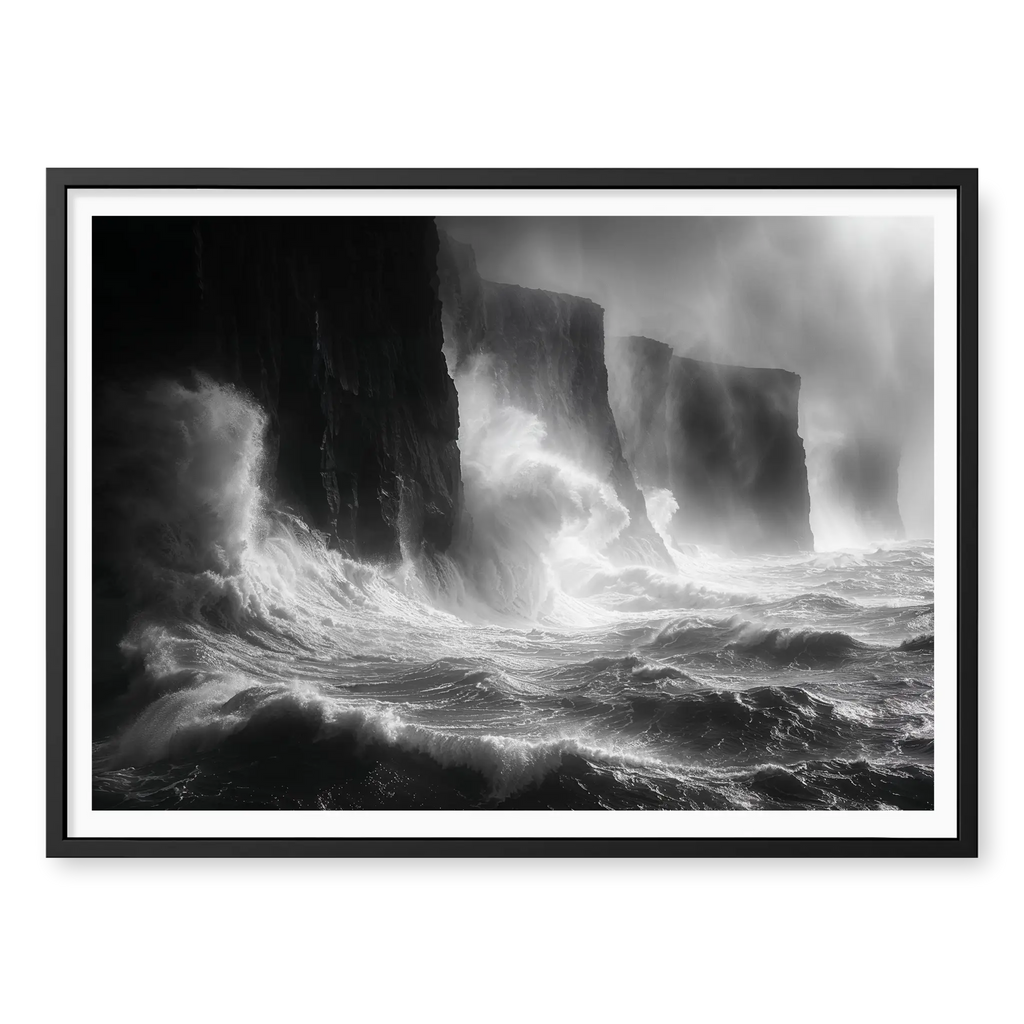Massive storm waves crashing violently against dark sheer cliffs with mist rising, black and white art print titled Gates of Hell in black frame