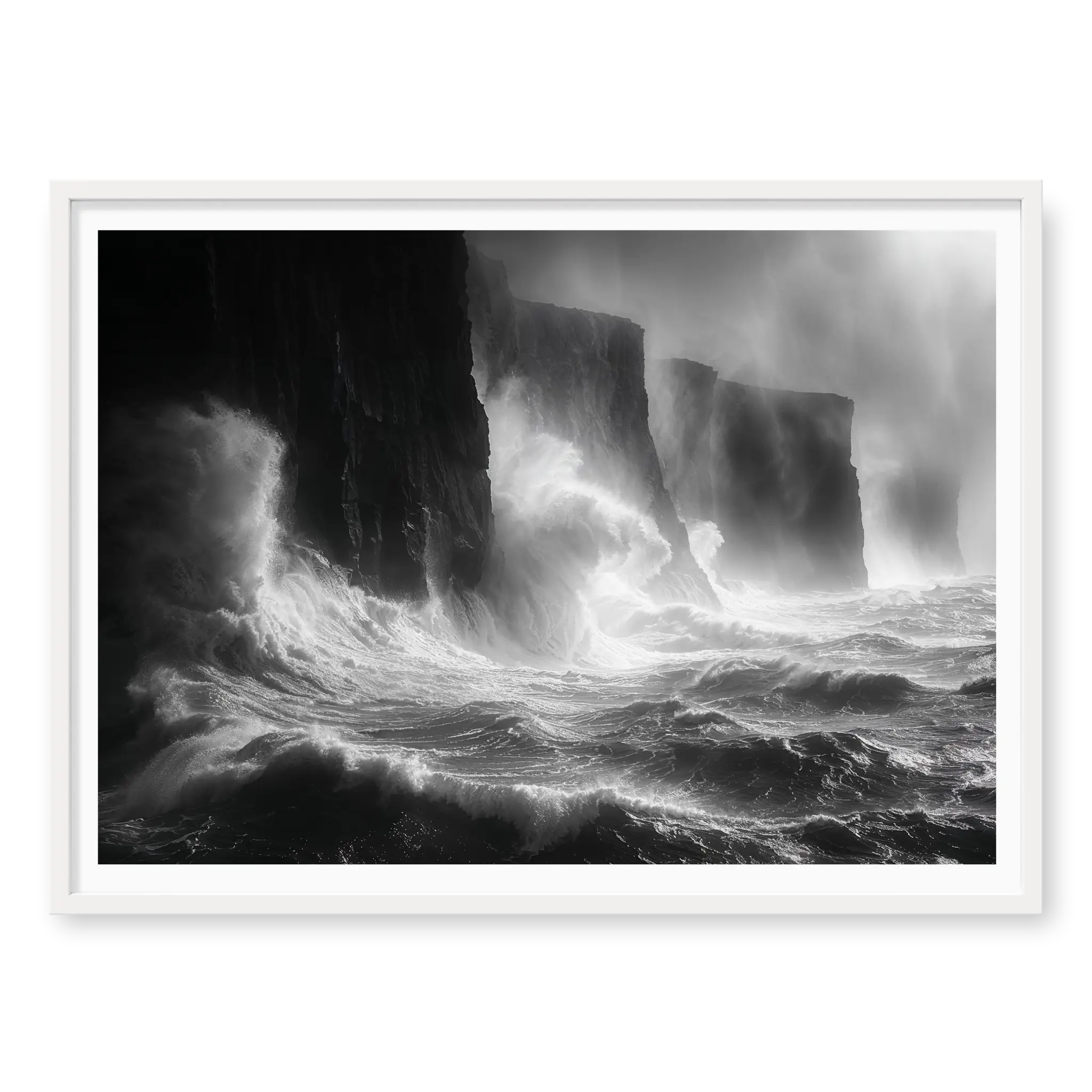 Massive storm waves crashing violently against dark sheer cliffs with mist rising, black and white art print titled Gates of Hell in white frame
