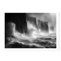Massive storm waves crashing violently against dark sheer cliffs with mist rising, black and white art print titled Gates of Hell