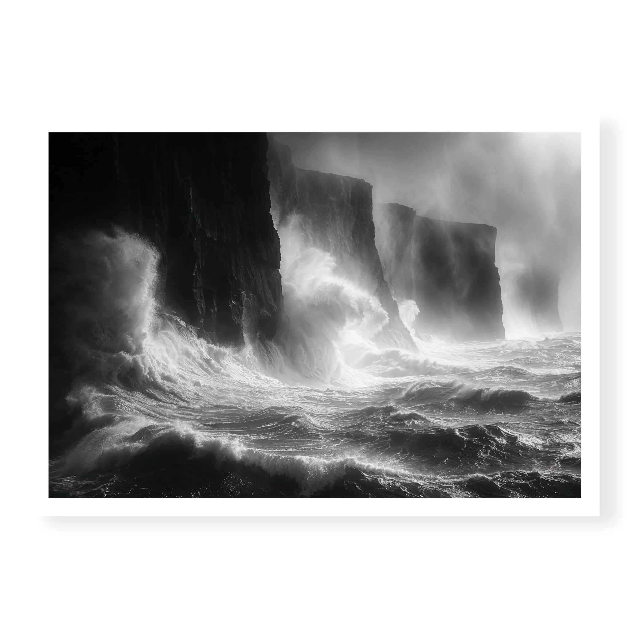 Massive storm waves crashing violently against dark sheer cliffs with mist rising, black and white art print titled Gates of Hell