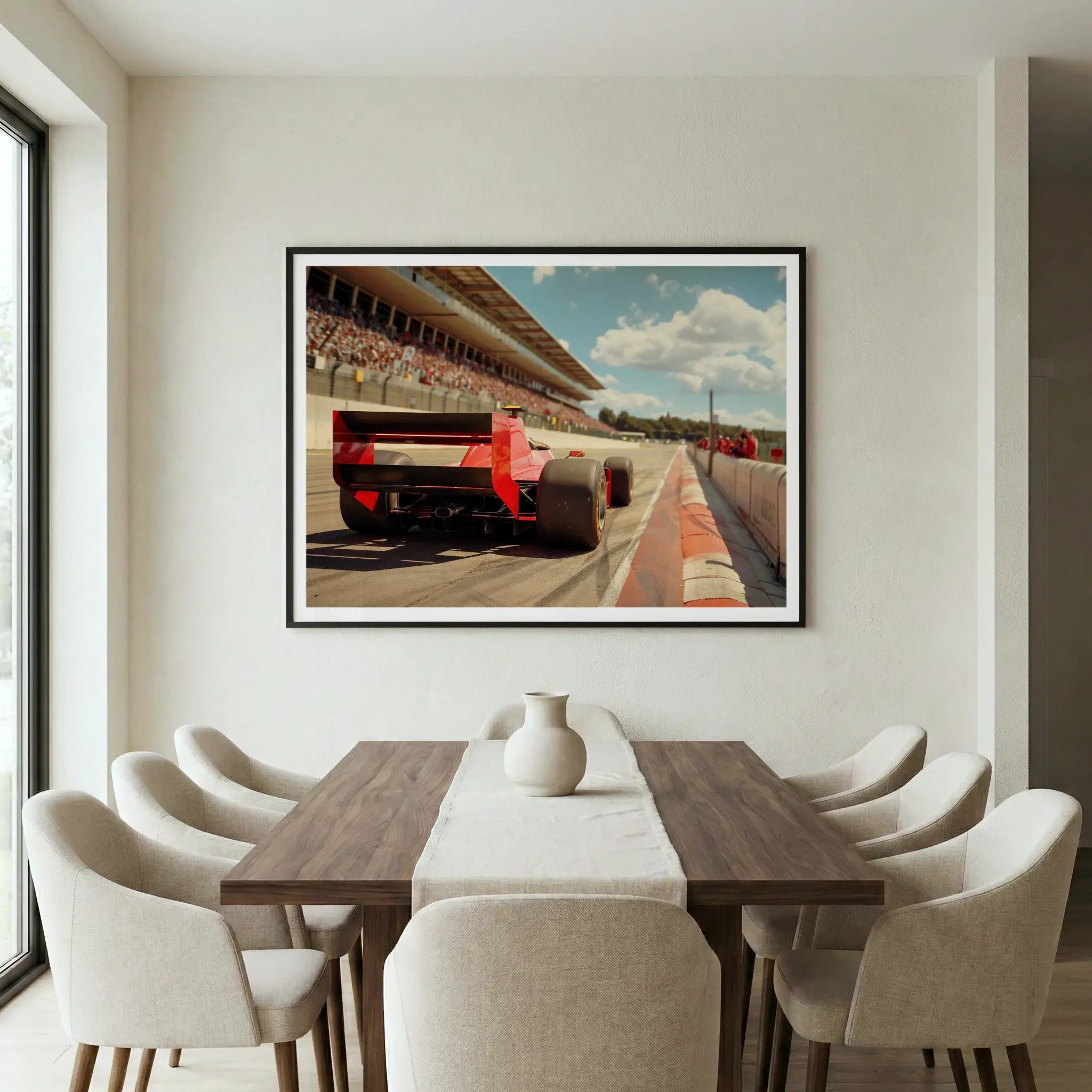 Framed vintage motorsport art print with red race car, titled Glory Days displayed in dining room